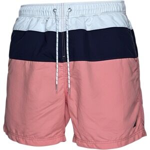 Nautica Mens Swim Trunks Large Pink Navy White Colorblock Board Shorts L
